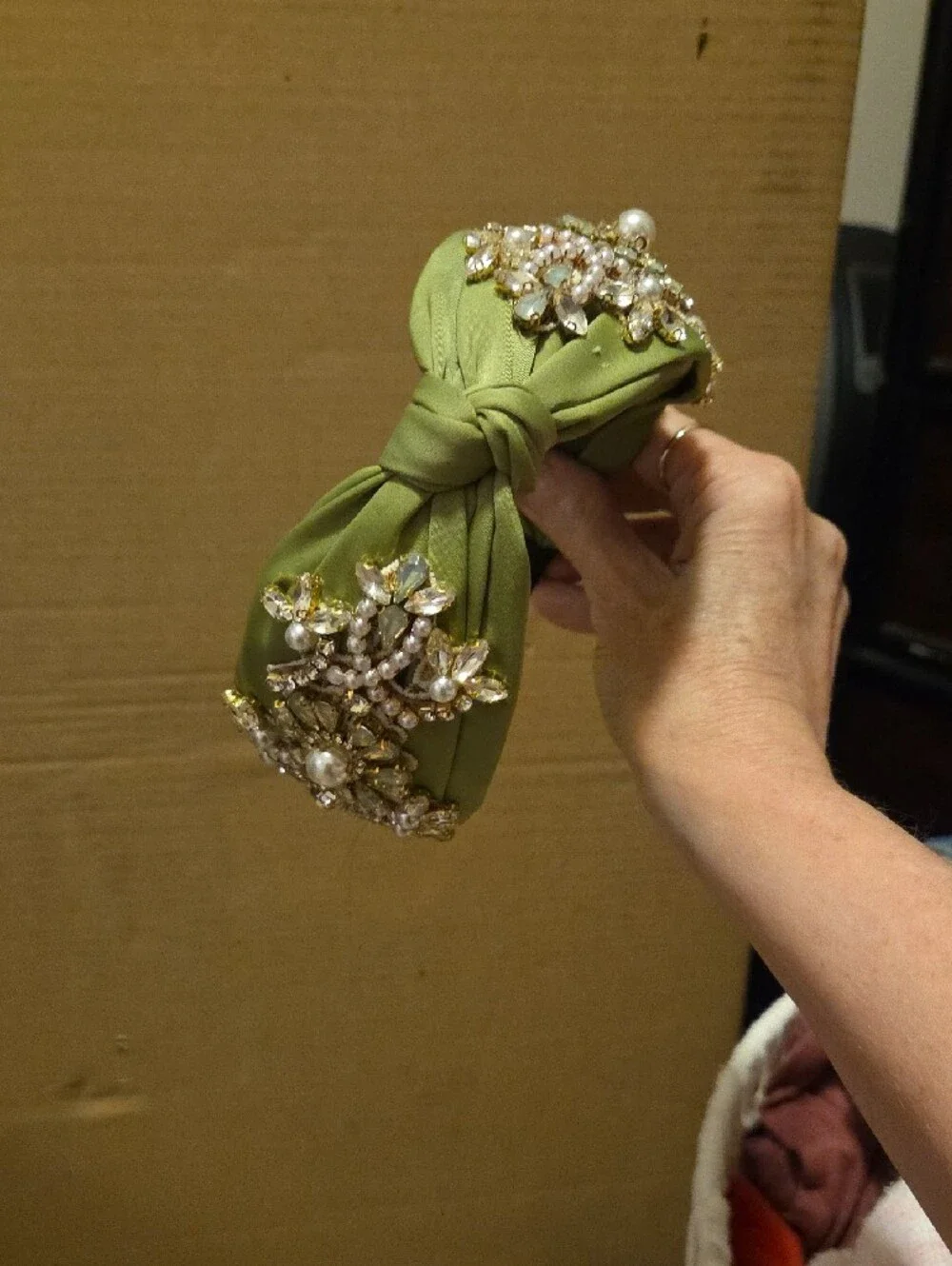 Olive Green Knotted Headband with Pearl & Crystal Embellishments